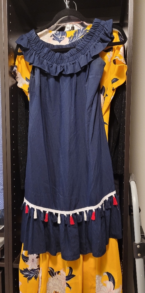 Linen vacation dress dark blue with tassels